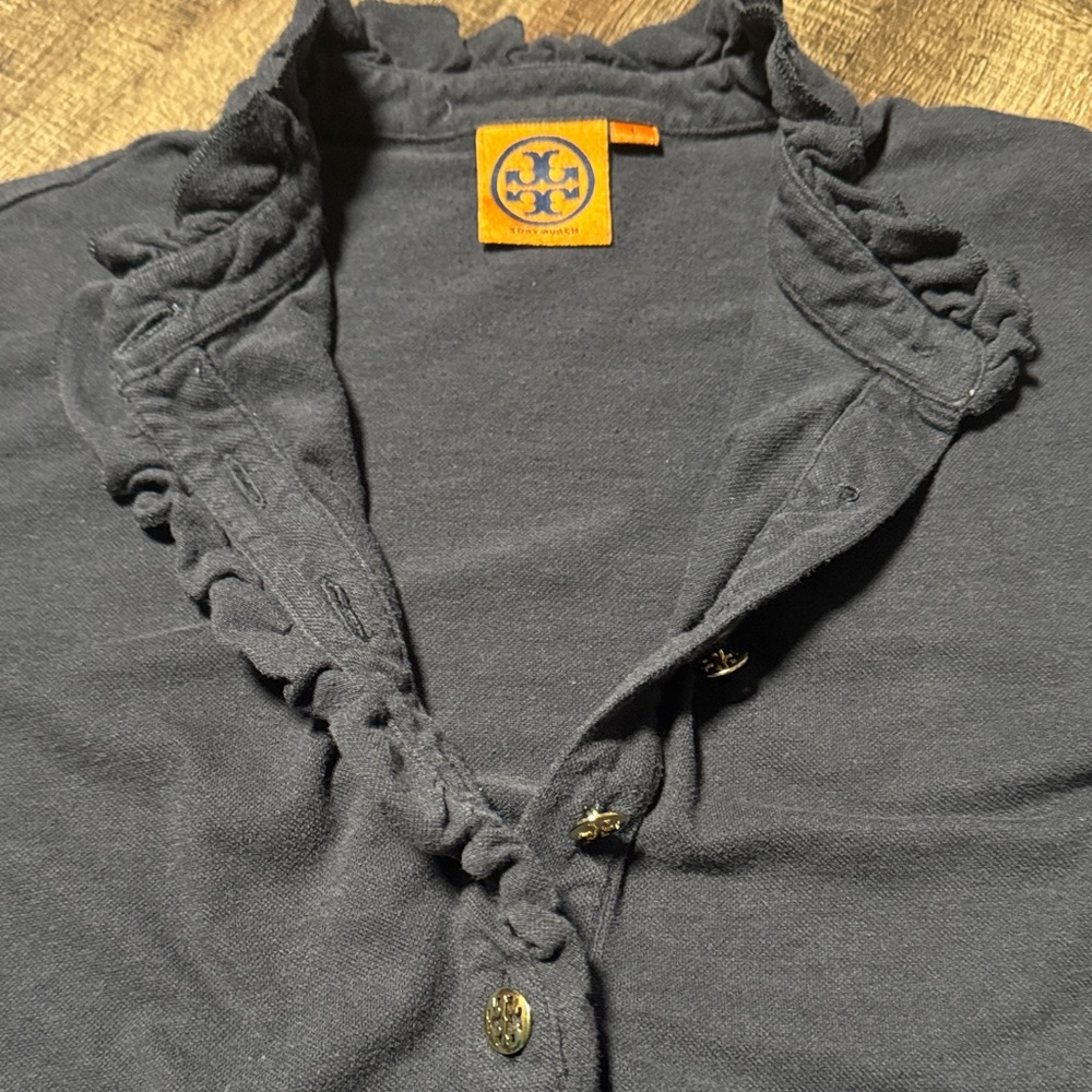 Tory Burch Emily Ruffle Polo Navy Shirt - Picture 7 of 8